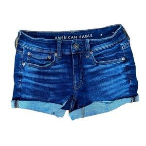 American Eagle Super Stretch Dark Wash Distressed Denim Midi Shorts Rolled Cuffs